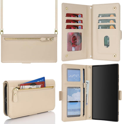 SunYoo for Samsung Galaxy S23 Ultra Wallet Case for Women,for Galaxy S23Ultra Case with Strap Crossbody Lanyard,Leather Shockproof Card Holder Stand Zipper Pocket Flip Phone Case Cream