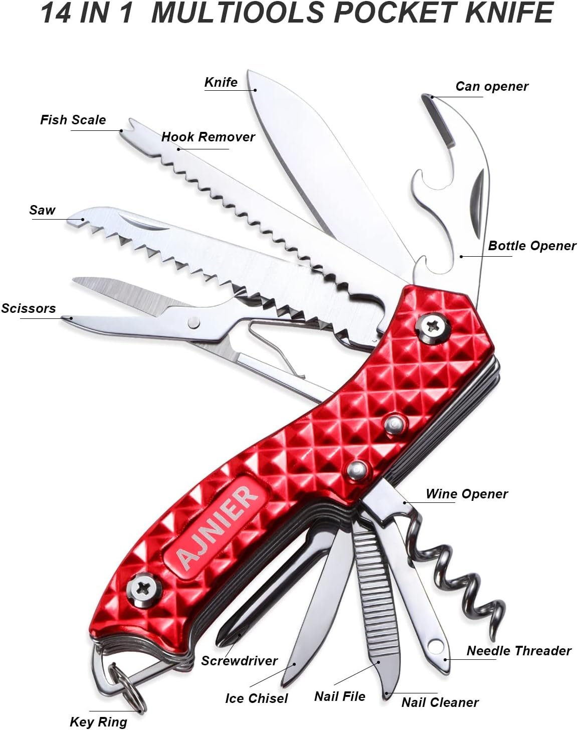 AJNIER 14 in 1 Swiss Style Folding Pocket Knife, Keychain Knife, Multitool Keychain, Army Knife, Scissors, Bottle Opener, Saw, All in One Tool for Men Women (red)