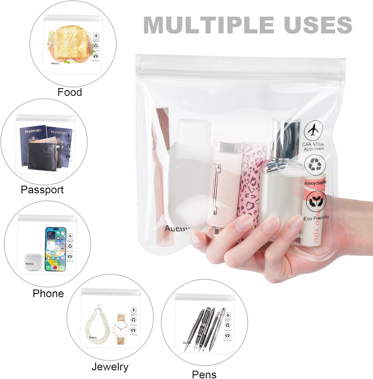 Aucuu Travel Liquid Pouches, 20 x 20 cm Airplane Liquid Bags, Transparent Travel Bags, Airplane Transparent Waterproof Sachets, Portable Makeup for Travel Holiday, #6 White-2 Pieces