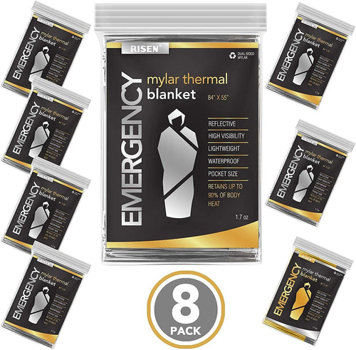 RISEN Emergency Foil Mylar Thermal Blankets - Retains 90% of Body Heat, High Reflective Space Safety Blanket - Ideal Supply for Survival, Outdoors, Camping, Hiking, First Aid (8 Silver)
