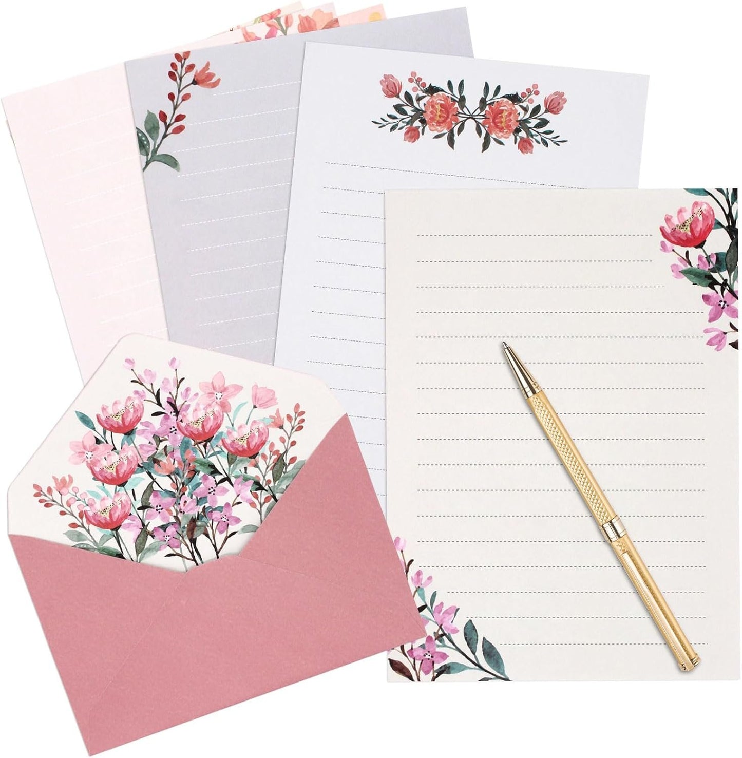 KSIWRE 36 PCS Writing Paper and Envelopes Set,Warm Floral Themed Stationary Set for Wedding Invitations Wishes,24 Lined Stationery Paper with 12 Envelops