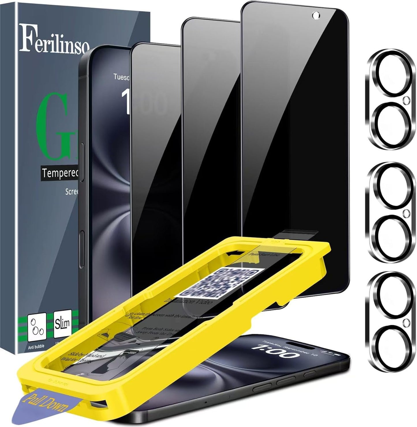 Ferilinso [Auto Dust Install] 3 Pack Privacy Screen Protector for iPhone 16 [Phone Case fit], 3 Tempered Glass Camera Lens Accessories for Apple