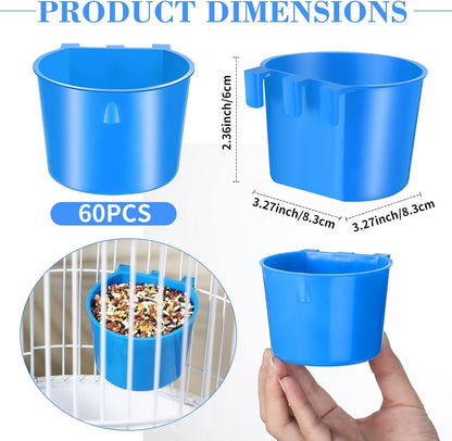 Sumind 60 Pieces Cage Cups Birds Hanging Feeders Seed Bowl 8 oz Plastic Chicken Feeder Water Bowl Hanging Chicken Waterer Feeding Watering Dish Coop Cups for Gamefowl Parrot Parakeet Poultry(Blue)