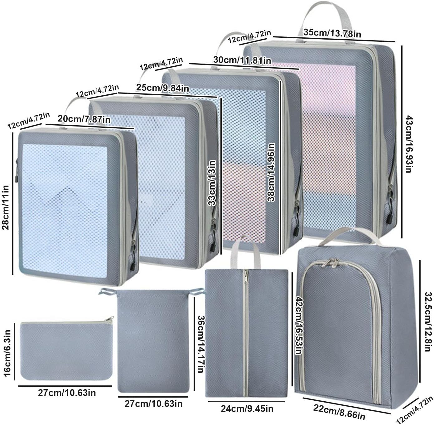 Suitcase Organizer Bags | Set of 8 Waterproof Travel Bags for Suitcase Packing,Garment Organization Bags with Zipper Closure for Basements, Bedroom