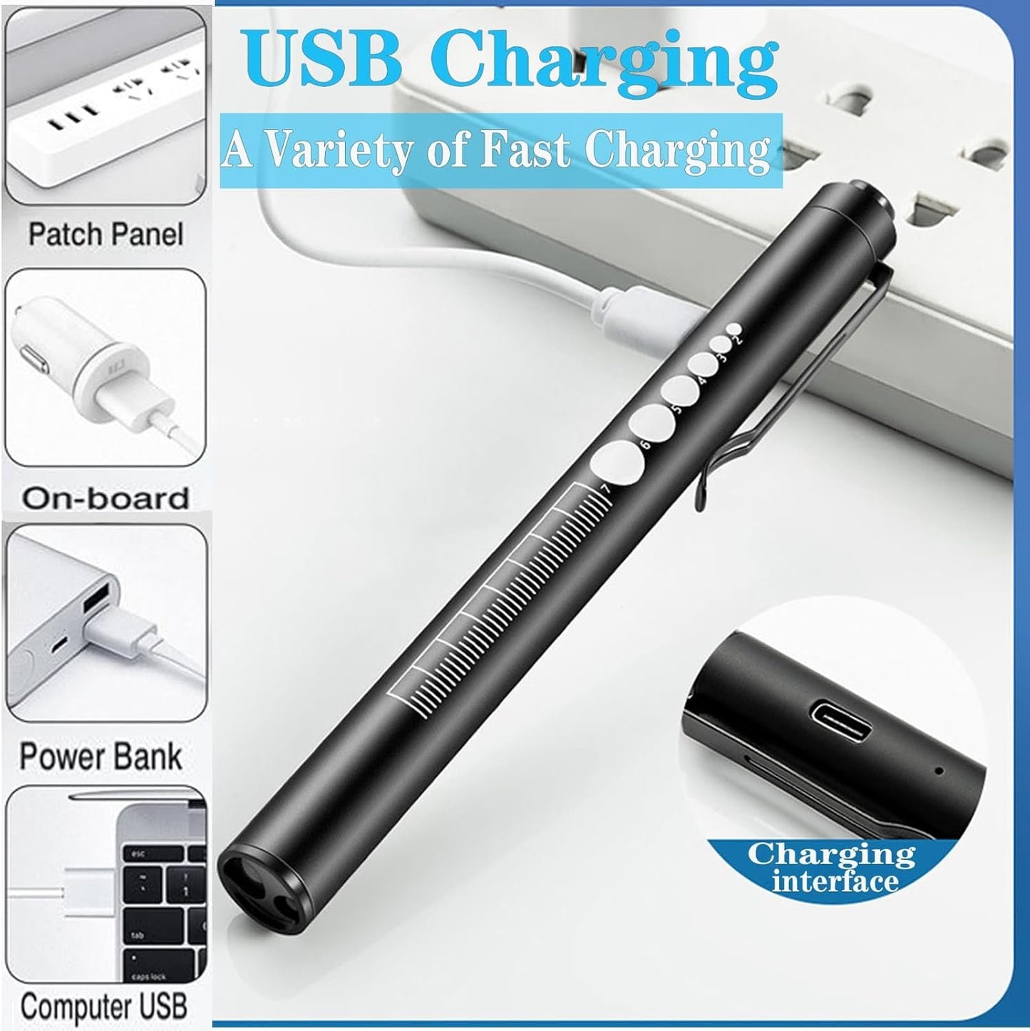 Yuentoen USB Rechargeable Pen Light, Reusable LED Stainless Steel Pocket Penlight, Tactical Flashlight for Emergency, Repair Checking, Home and Outdoor(Black)