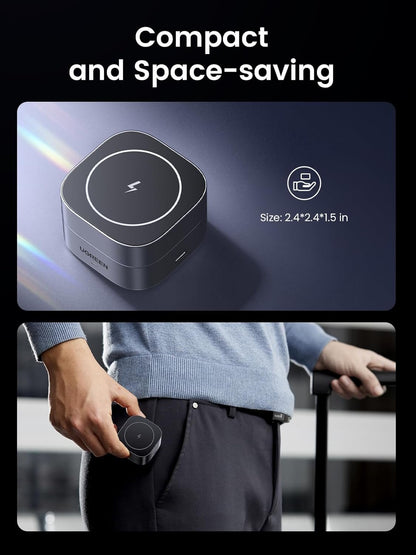 UGREEN MagFlow Wireless Charger, 15W Fast Charge, 2 in 1 Magsafe Charging Stand, Portable Travel Essential, Compatible with iPhone 16/15/14/13/12 Series, AirPods 3/2/Pro (No AC Adapter)