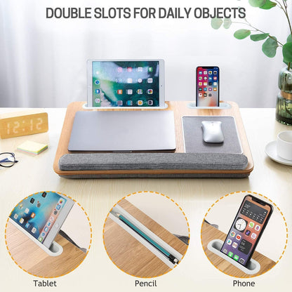 LORYERGO Lap Desk - Lap Laptop Desk Fits for 17 Inch Laptop, Lap Desk with Cushion & Wrist Rest, Laptop Lap Desk w/Mouse Pad & Cellphone Slot, for Couch & Bed, Home & Office
