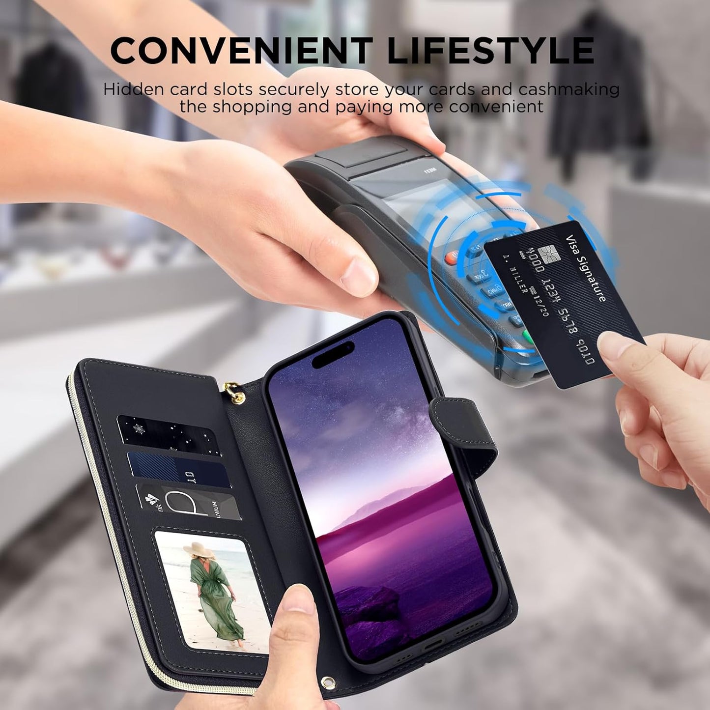 GoshukunTech for iPhone 16 Pro Case Wallet Leather, for iPhone 16 Pro Flip Case Wallet Cover Kickstand Zipper Purse 9 Card Holder with Wristlet Strap Crossbody Lanyard-Black