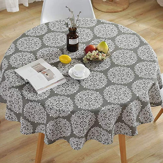 Round Tablecloth,47/59 in Cotton Linen Fabric Circular Table Cover in Nordic Style Wrinkle-proof Dust-Proof Shrink-Proof Table Cover for Kitchen Dining Farmhouse Tabletop Decoration(Grey-style 2,120cm