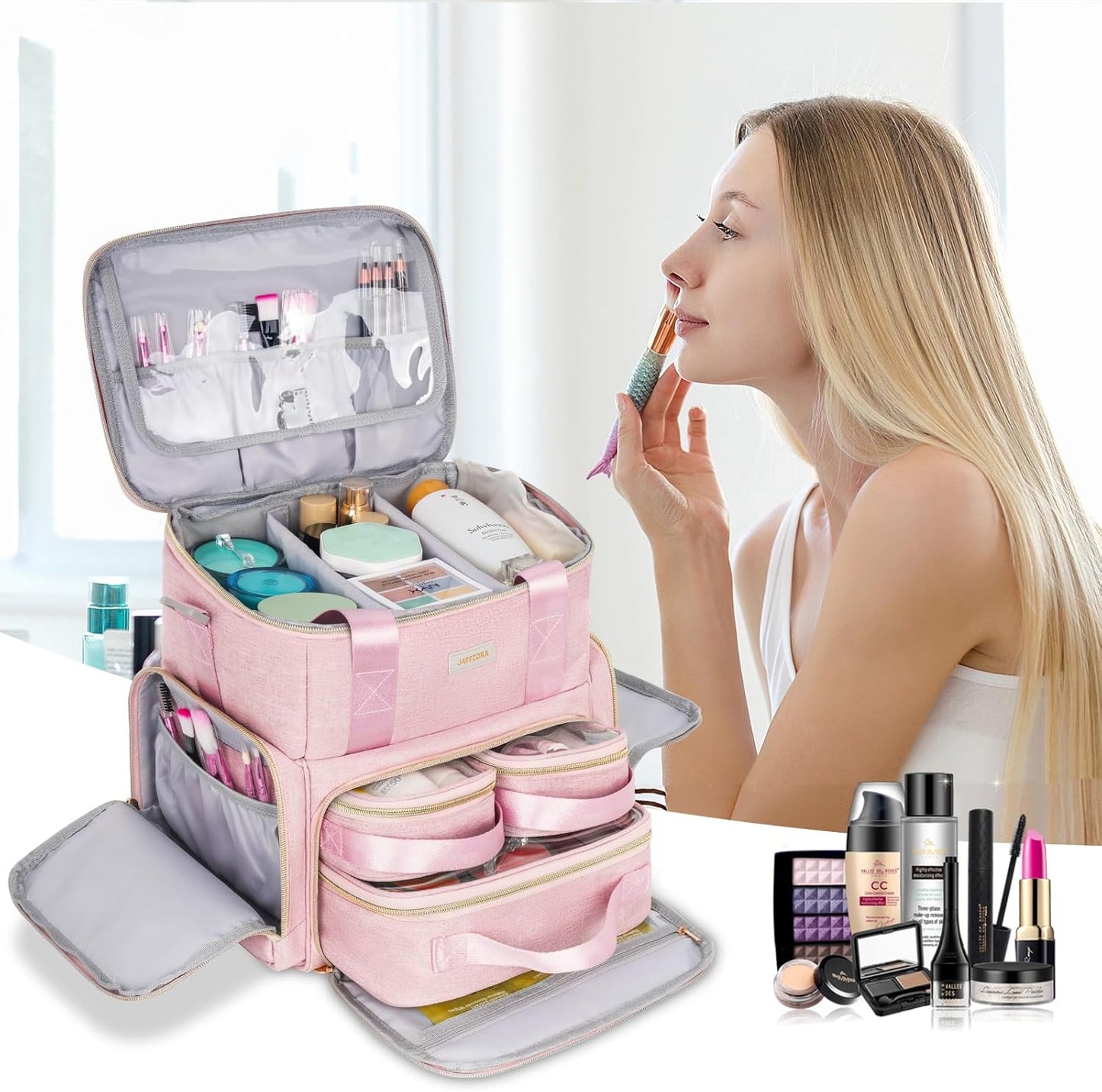 Large Double Layer Makeup Bag, Candy Pink, Storage Bag, Pink Storage Bag, pink, Storage Organizer Bag