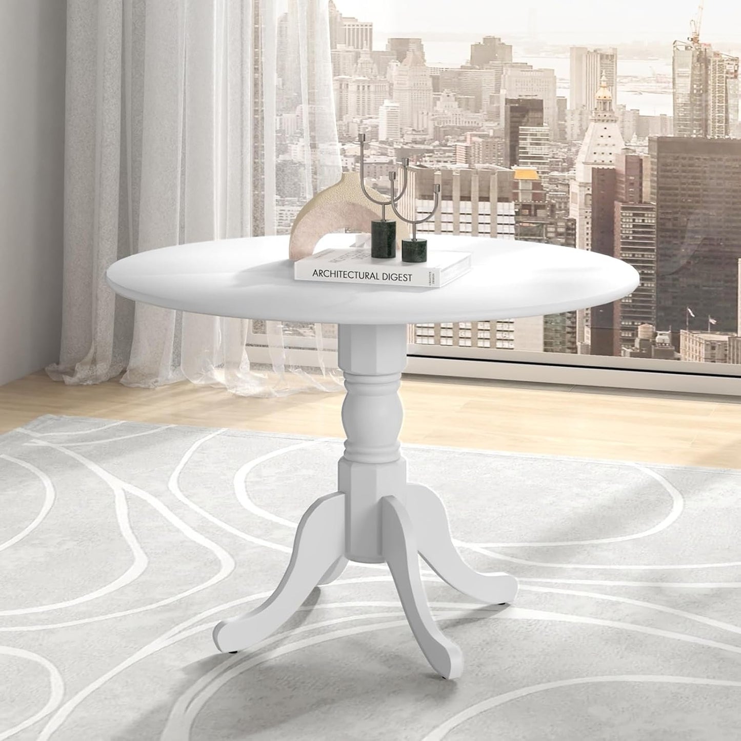 SILKYDRY 39-inch Round Dining Table, Mid Century Modern Kitchen Table with Circle Tabletop & Curved Trestle Legs, Pedestal Dinette for 4, Suitable for Leisure Café Bistro (White)