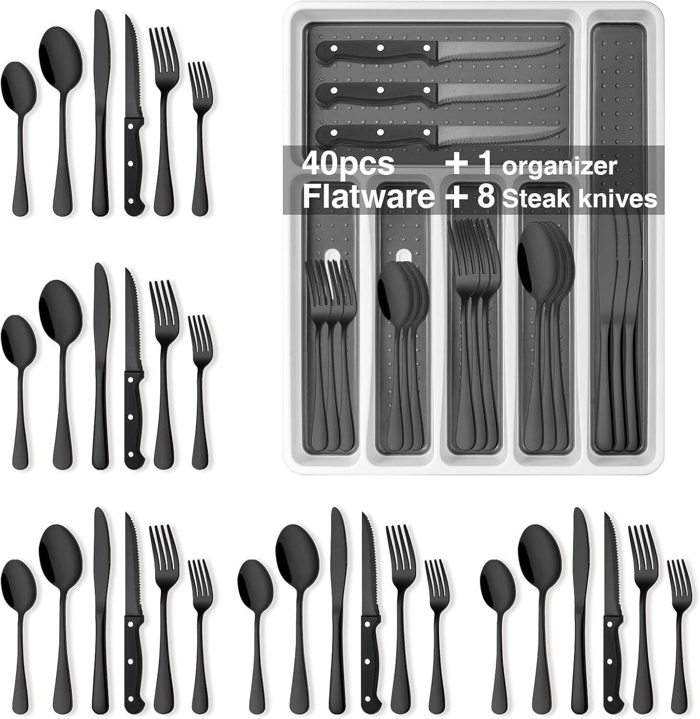 49-Piece Black Silverware Set with Organizer, Stainless Steel Flatware Set with Steak Knives for 8, AIKKIL Cutlery Set for Home Restaurant, Food-Grade Knives Forks and Spoons Silverware Set