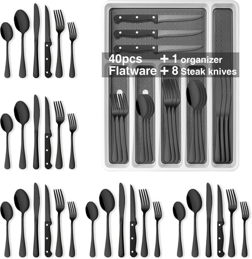 49-Piece Black Silverware Set with Organizer, Stainless Steel Flatware Set with Steak Knives for 8, AIKKIL Cutlery Set for Home Restaurant, Food-Grade Knives Forks and Spoons Silverware Set