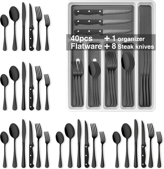 49-Piece Black Silverware Set with Organizer, Stainless Steel Flatware Set with Steak Knives for 8, AIKKIL Cutlery Set for Home Restaurant, Food-Grade Knives Forks and Spoons Silverware Set