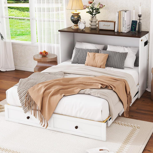 Zubaliya 140 x 200 Folding Bed with Slatted Base, Bed Frame Chest of Drawers and Shelf, USB Socket and Socket, Convertible Platform Bed, No Mattress