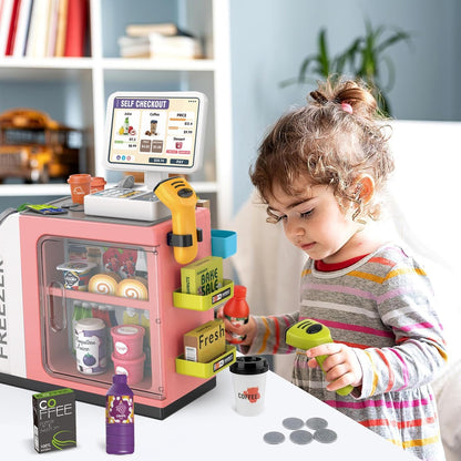 Cash Register Playset for Kids-46PCS with Scanner, Play Food and Money, Mini Supermarket Grocery Play Store Pretend Cashier, Coffee Machine, Pretend Play Toy Gift for Toddlers Boys Girls Ages 3 4 5 6
