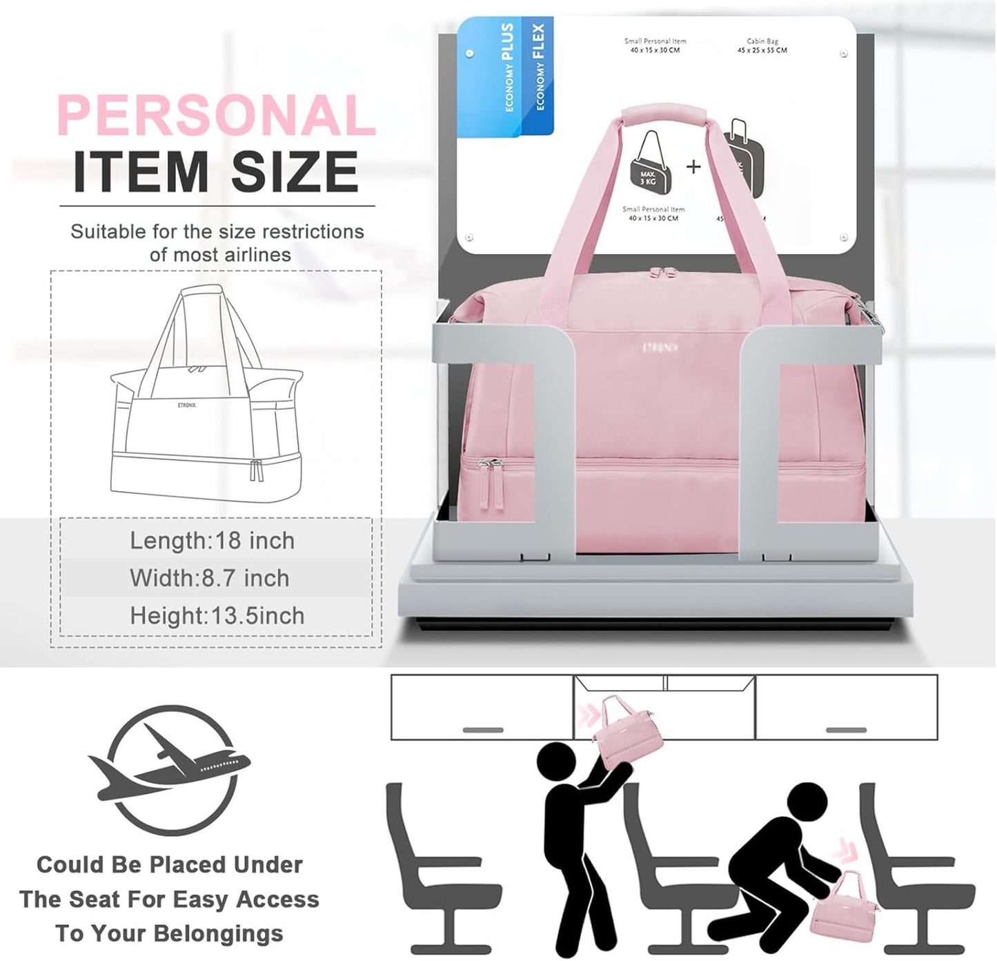 Gym Bag for Women, Sports Travel Duffel Bag with USB Charging Port, Weekender Overnight Bag with Wet Pocket and Shoes Compartment for Women Travel, Gym, Yoga, (Pink)