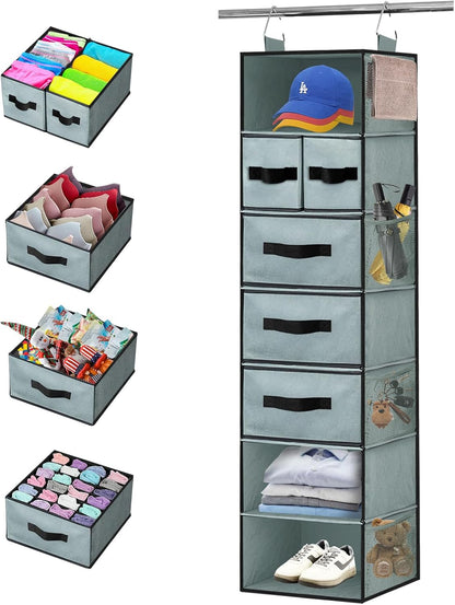 VERONLY 7-Shelf Hanging Closet Organizer with 5 Different Drawers, Hanging Closet Shelves Storage and 8 Mesh Pockets, Closet Organization and Storage for Wardrobe, Underwear, Livingroom, Dorm (Grey)