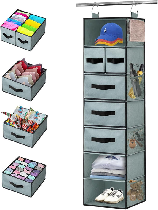 VERONLY 7-Shelf Hanging Closet Organizer with 5 Different Drawers, Hanging Closet Shelves Storage and 8 Mesh Pockets, Closet Organization and Storage for Wardrobe, Underwear, Livingroom, Dorm (Grey)