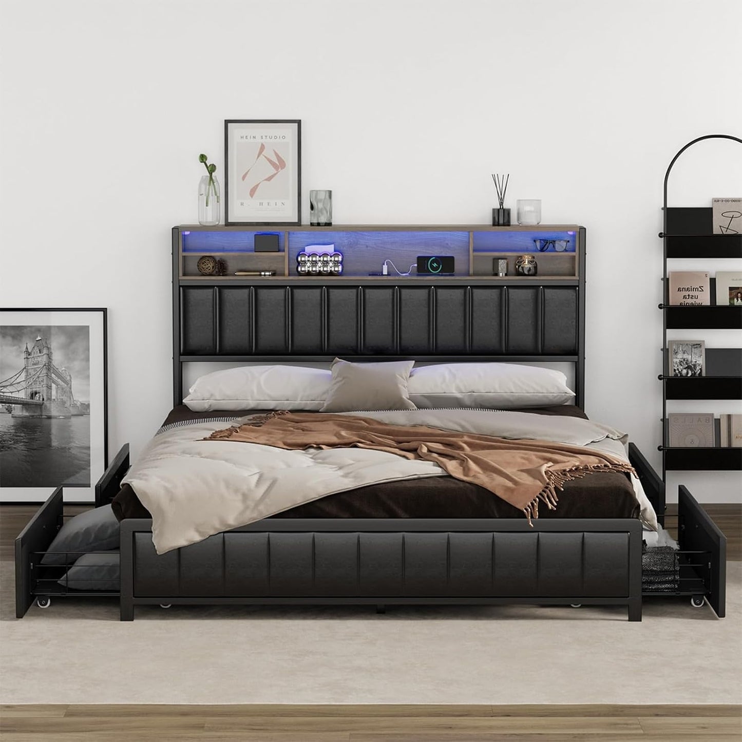 Oikiture Queen Size Bed Frame with 5 LED Open Display Shelves and 4 Drawers Metal Queen Bed with Bed Head Black