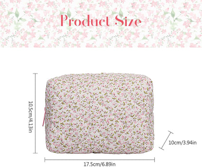 MHDUYEG Travel Cosmetic Bag, Floral Makeup Bag, Large Capacity Floral Cosmetic Bag for Women, Quilted Travel Makeup Bag, Floral Make Up Bag for Beauty Accessories (Pink), pink
