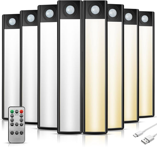 8Pack Under Cabinet Lighting with Remote Control, Rechargeable Motion Sensor Lights, 3 Color Temps, Wireless Under Counter Light, Dimmable Closet Light for Bedroom,Wardrobe,Stair