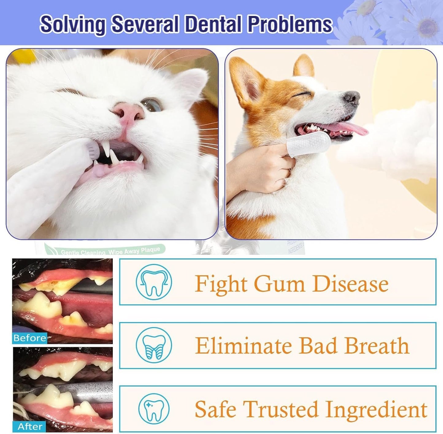 Havenfly Teeth Cleaning Finger Wipes 50pcs for Dogs & Cats, Disposable, Removes Bad Breath, Gentle Cleaning, Gum Care, Promote Pet Oral Hygiene