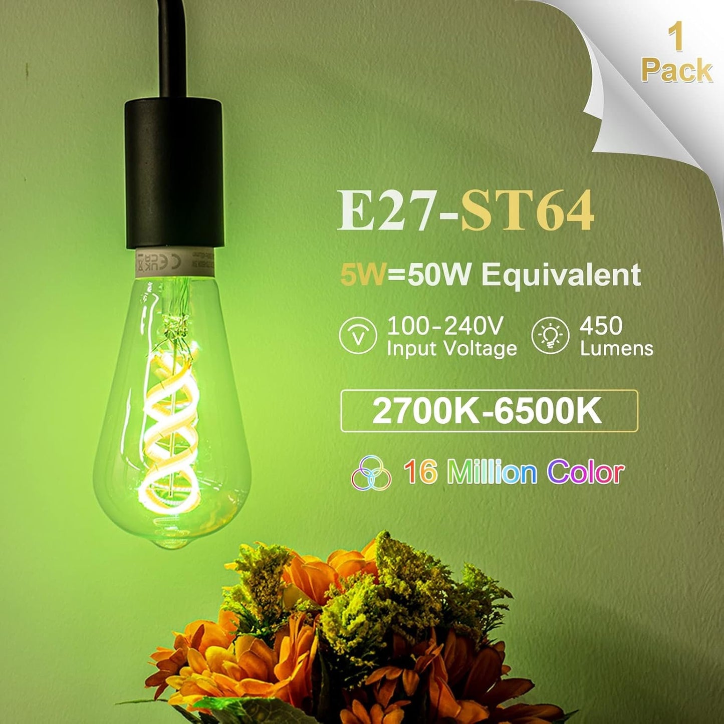 DiCUNO Smart Bulbs, E27 LED Edison Bulbs ST64, Dimmable WiFi Light, Compatible with Alexa or Google Assistant, 5W (50W Equivalent), 450LM, 100-240V, 2700K-6500K, No Hub Required