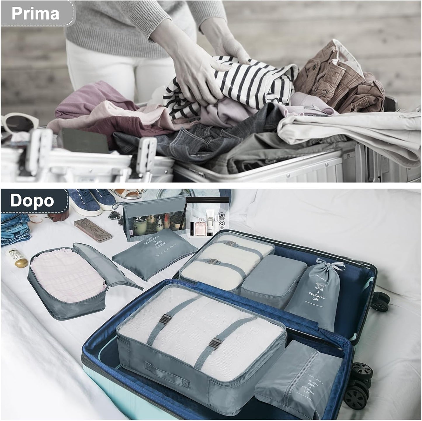 Suitcase Organizer, 9 Pieces Travel Organizer Set, Packing Cubes, Travel Suitcase Organizers with Clear Cosmetic Bag, for Clothes, Shoes, Cosmetics, Grey