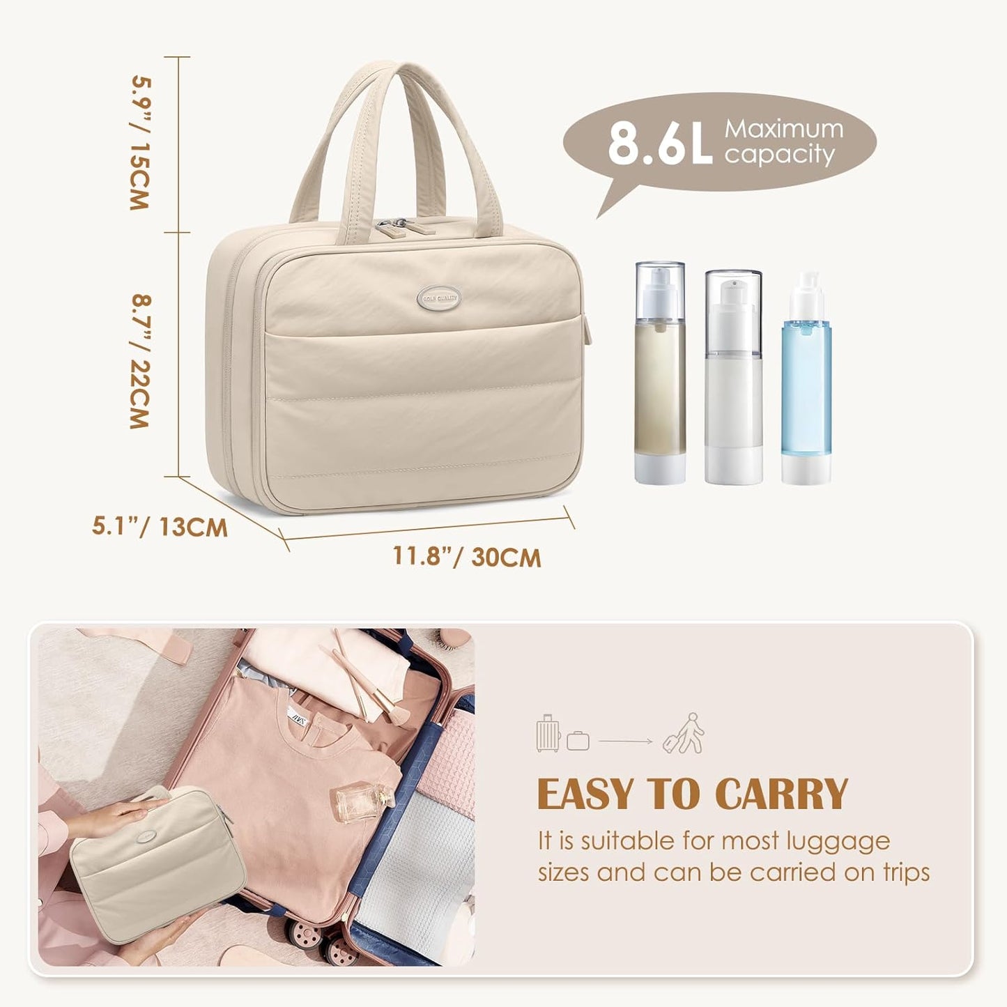 GOLF QUALITY Women's Travel Toiletry Bag Hanging Waterproof Makeup Bag High Capacity Travel Makeup Bag Useful Accessories Large Makeup Bag with Hook, Elegant Apricot, Includes
