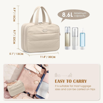 GOLF QUALITY Travel Toiletry Bag with Jewelry Organizer, Hanging Toiletry Bags Puffy Cosmetic Makeup Bag Organizer Carry-on Travel Bag for Accessories,Toiletries,Essentials, Apricot