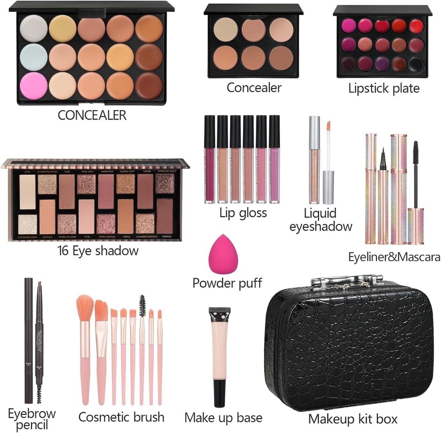 Makeup Kit For Women Full Kit Makeup Kit For Girls Gift Includes Sponge Eyeshadow Lip gloss Set Concealer Eyeliner Eyebrow Makeup Bag