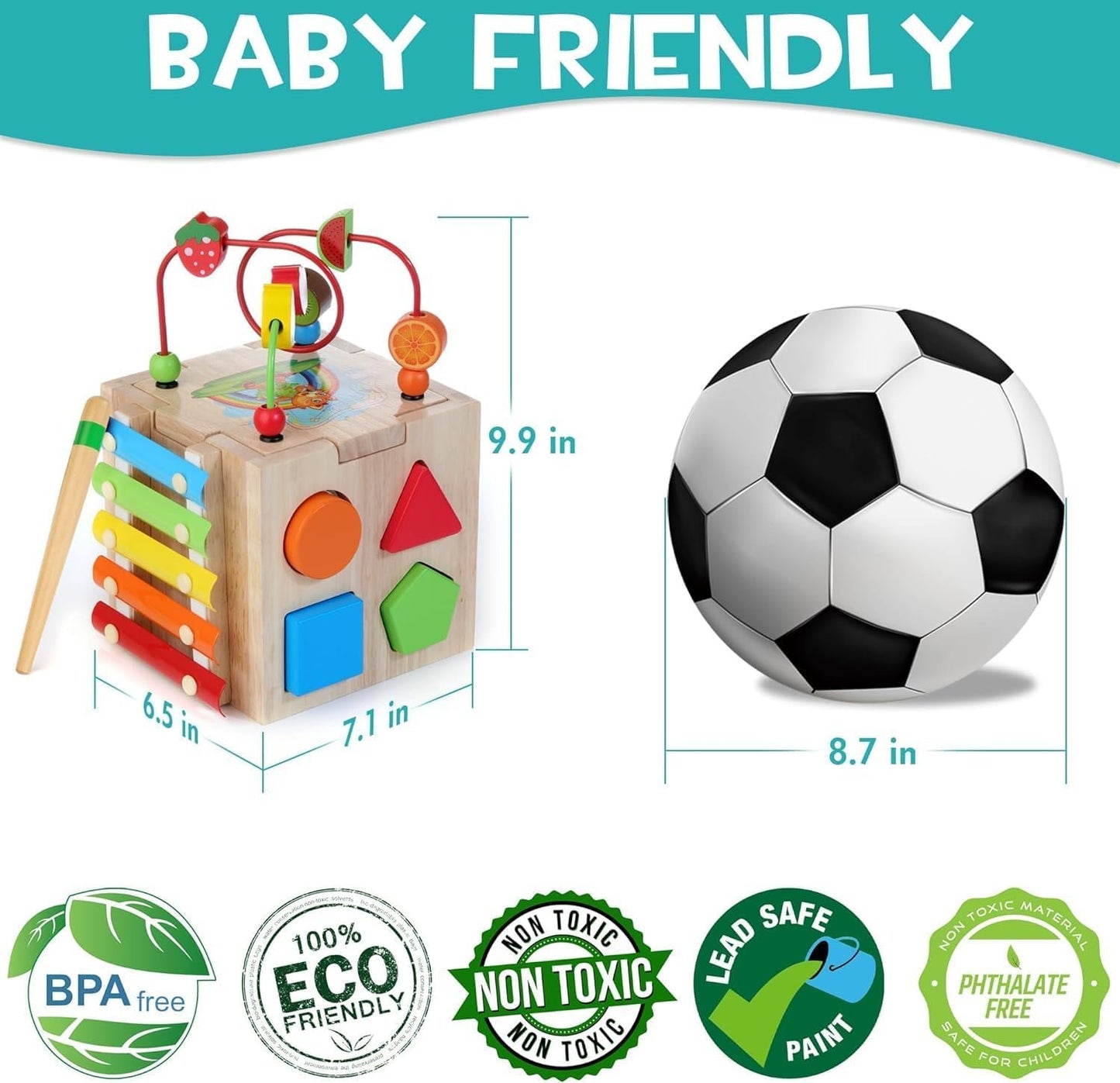 HELLOWOOD Wooden Activity Cube Baby Toys, 8-in-1 Montessori Educational Toy Set, Bead Maze Shape Sorter Abacus Xylophone Words & Clock Learning, STEM Toys for Boys Girls Toddlers Age 1 2 3