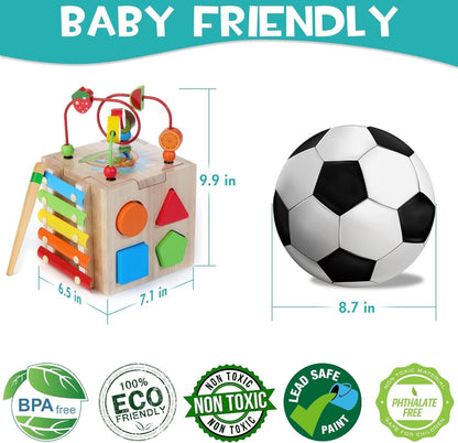 HELLOWOOD Wooden Activity Cube Baby Toys, 8-in-1 Montessori Educational Toy Set, Bead Maze Shape Sorter Abacus Xylophone Words & Clock Learning, STEM Toys for Boys Girls Toddlers Age 1 2 3