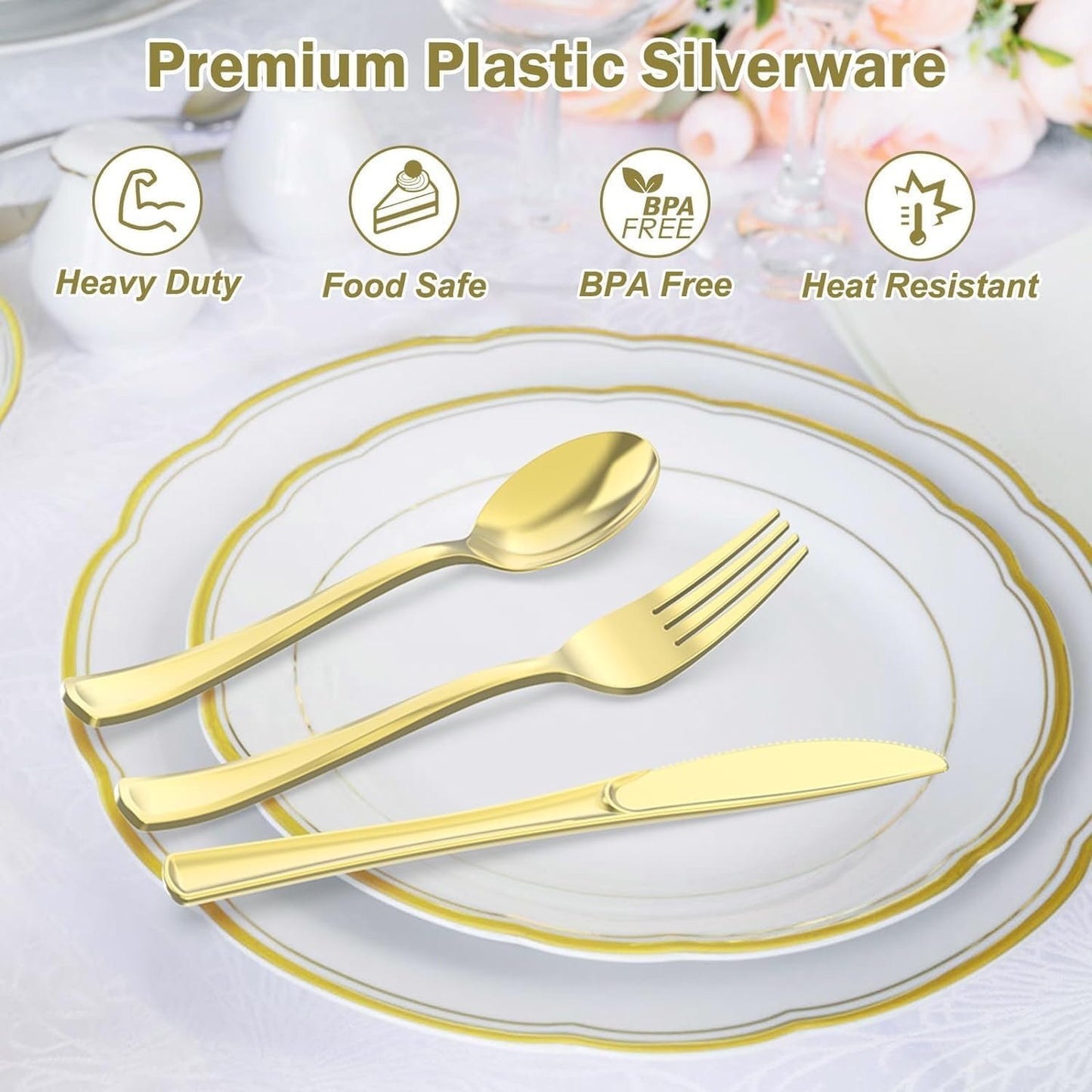 VARELLI 200 Count Heavy Duty Gold Plastic Silverware, 100 Forks, 50 Spoons, 50 Knives, BPA-Free, Heat Resistant, Disposable Gold Plastic Utensils Set, Plastic Cutlery Set, Plasticware Bulk for Party