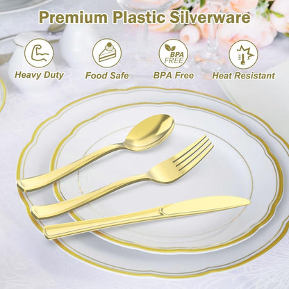VARELLI 200 Count Heavy Duty Gold Plastic Silverware, 100 Forks, 50 Spoons, 50 Knives, BPA-Free, Heat Resistant, Disposable Gold Plastic Utensils Set, Plastic Cutlery Set, Plasticware Bulk for Party