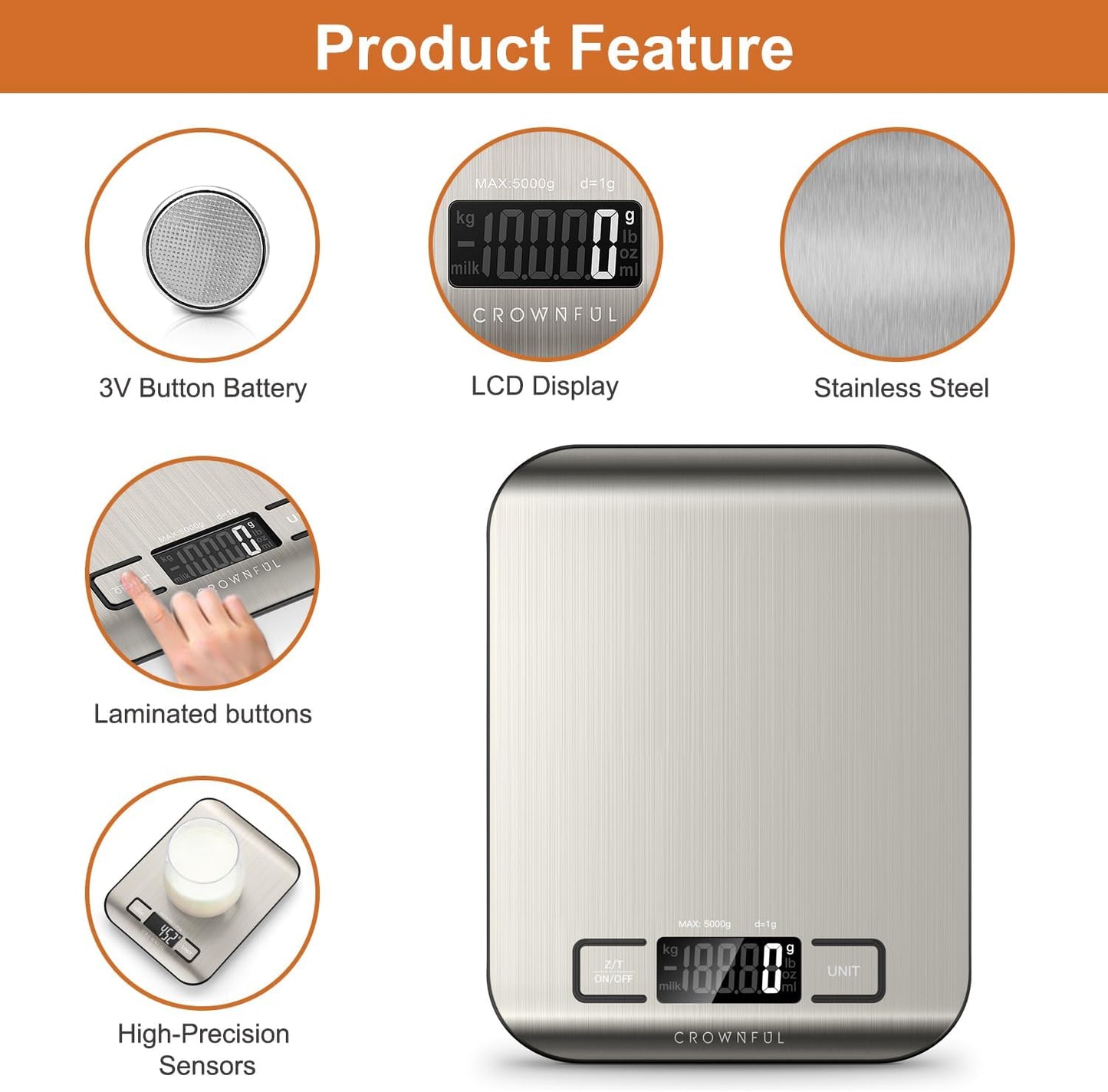 CROWNFUL Food Scale, 11lb Digital Kitchen Scales with Built-in Coin Battery, Weight Ounces and Grams for Cooking and Baking, 6 Units with Tare Function
