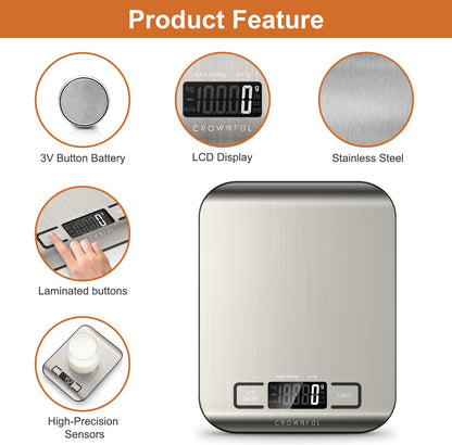 CROWNFUL Food Scale, 11lb Digital Kitchen Scales with Built-in Coin Battery, Weight Ounces and Grams for Cooking and Baking, 6 Units with Tare Function