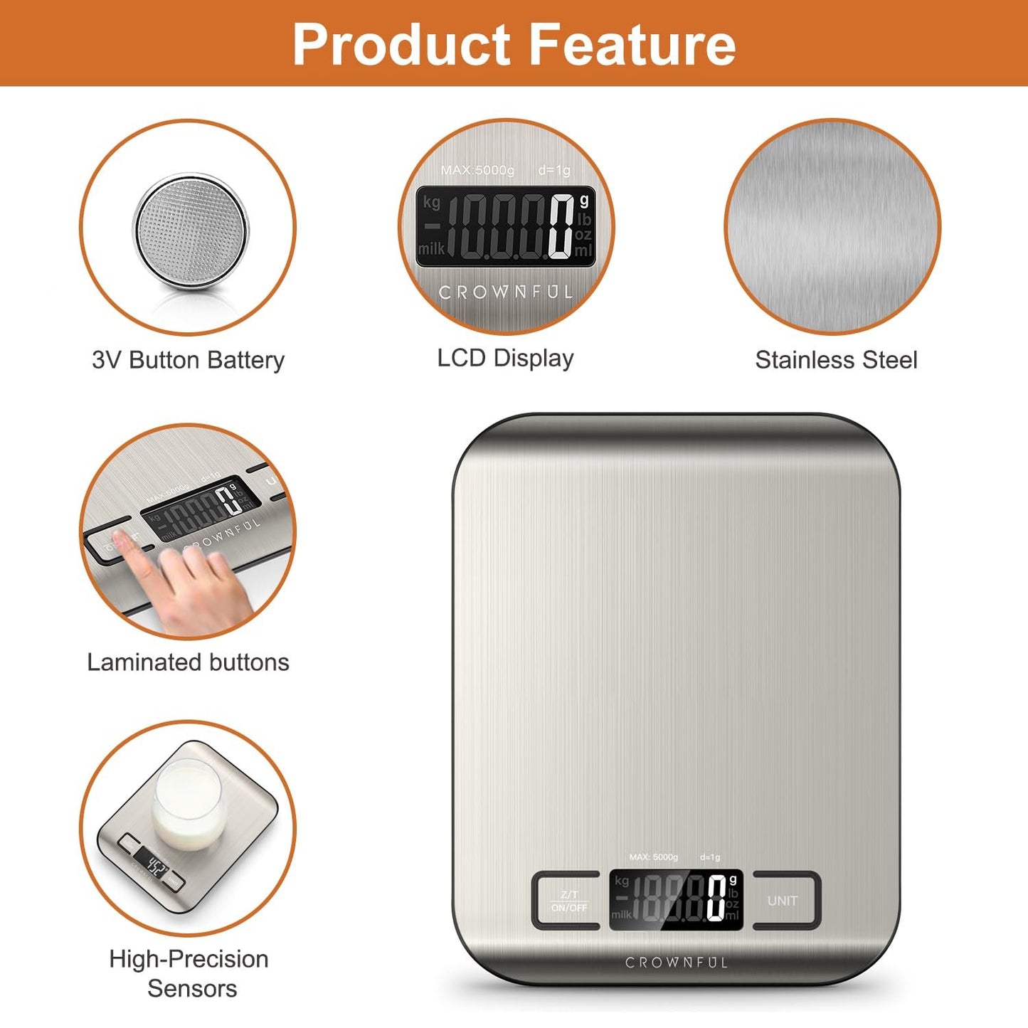 CROWNFUL Food Scale, 11lb Digital Kitchen Scales Weight Ounces and Grams for Cooking and Baking, 6 Units with Tare Function (Battery Included)