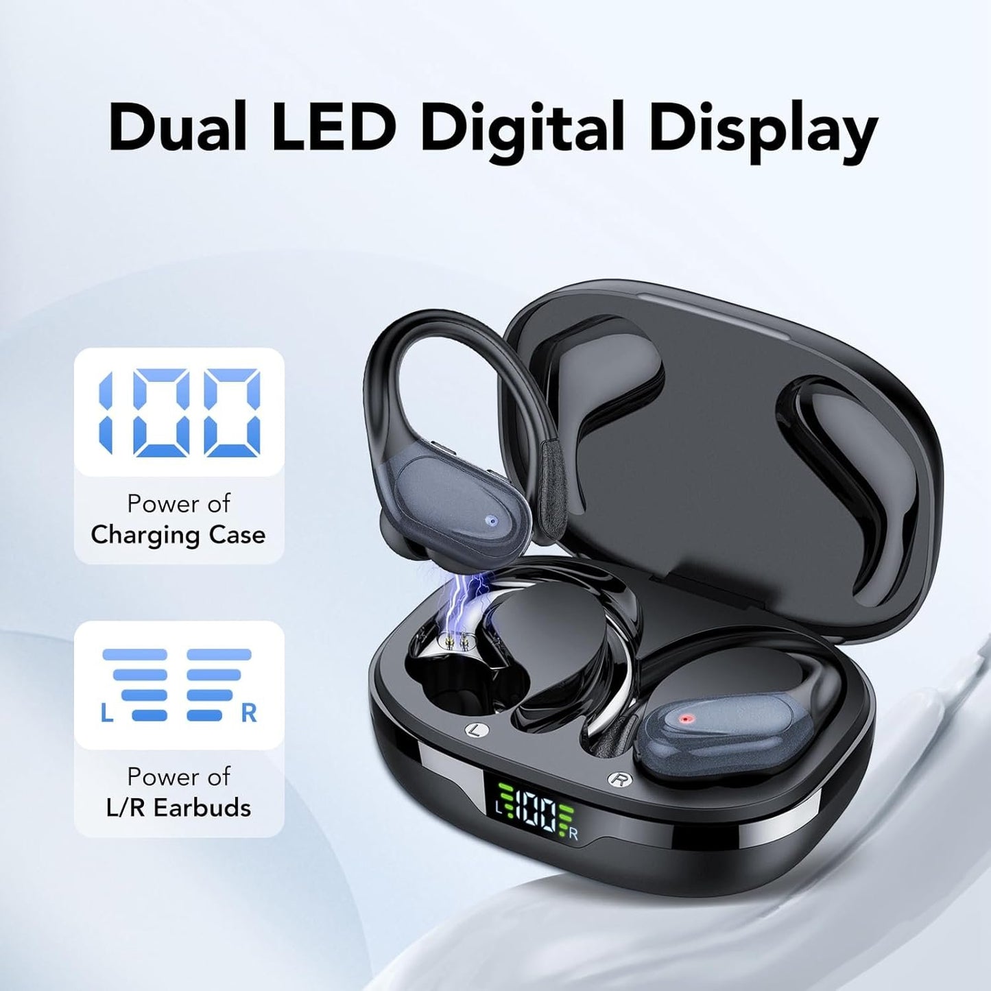 CASCHO Wireless Earbuds Bluetooth Headphones 60Hrs Playtime HD Stereo Audio Digital LED Display Over-Ear Earphones with Earhook Waterproof Headset with Mic for Sport Running Workout (Black)