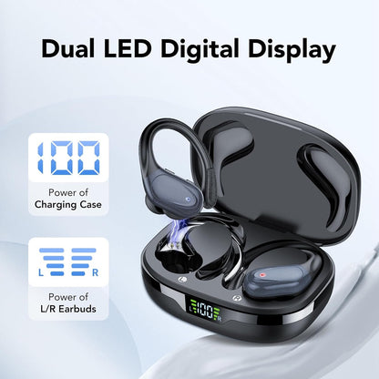CASCHO Wireless Earbuds Bluetooth Headphones 60Hrs Playtime HD Stereo Audio Digital LED Display Over-Ear Earphones with Earhook Waterproof Headset with Mic for Sport Running Workout (Black)