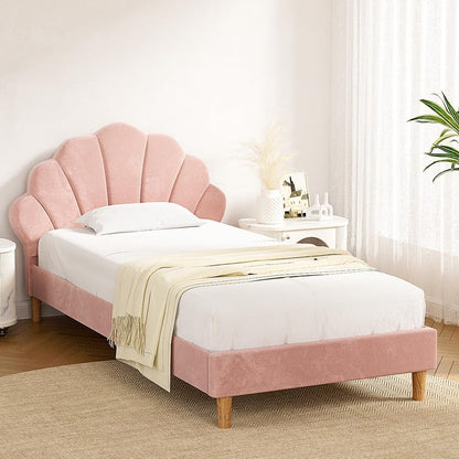 Artiss Bed Frame King Single Scallop-Shape BedHead Beds Base Pink Velvet Fabric