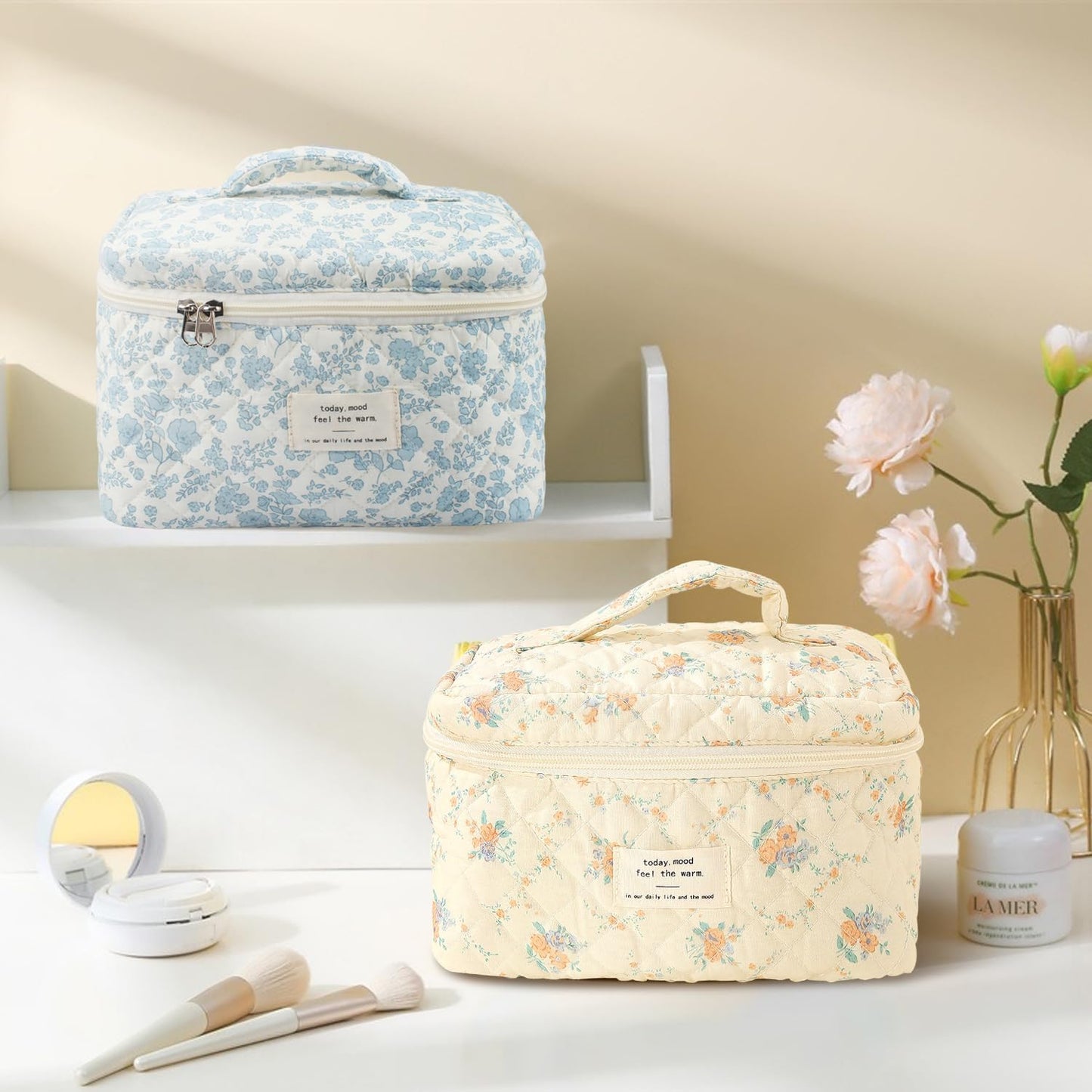 Travel Quilted Cotton Makeup Bag,Large Makeup Bag, H HOME-MART Large Floral Cosmetic Bag for Women Girls, Floral Coquette Aesthetic Toiletry Bag, Flower Travel Toiletry Accessories