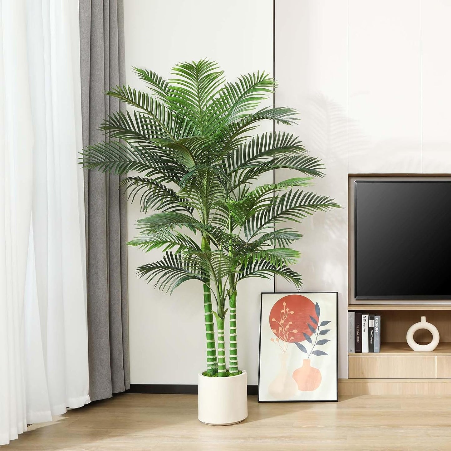 OAKRED Artificial Palm Tree, 7FT Fake Tree for Indoor,Faux Golden Cane Palm Tree with White Planter and Fake Moss, Fake Tropical Plant for Home Decor Office Porch