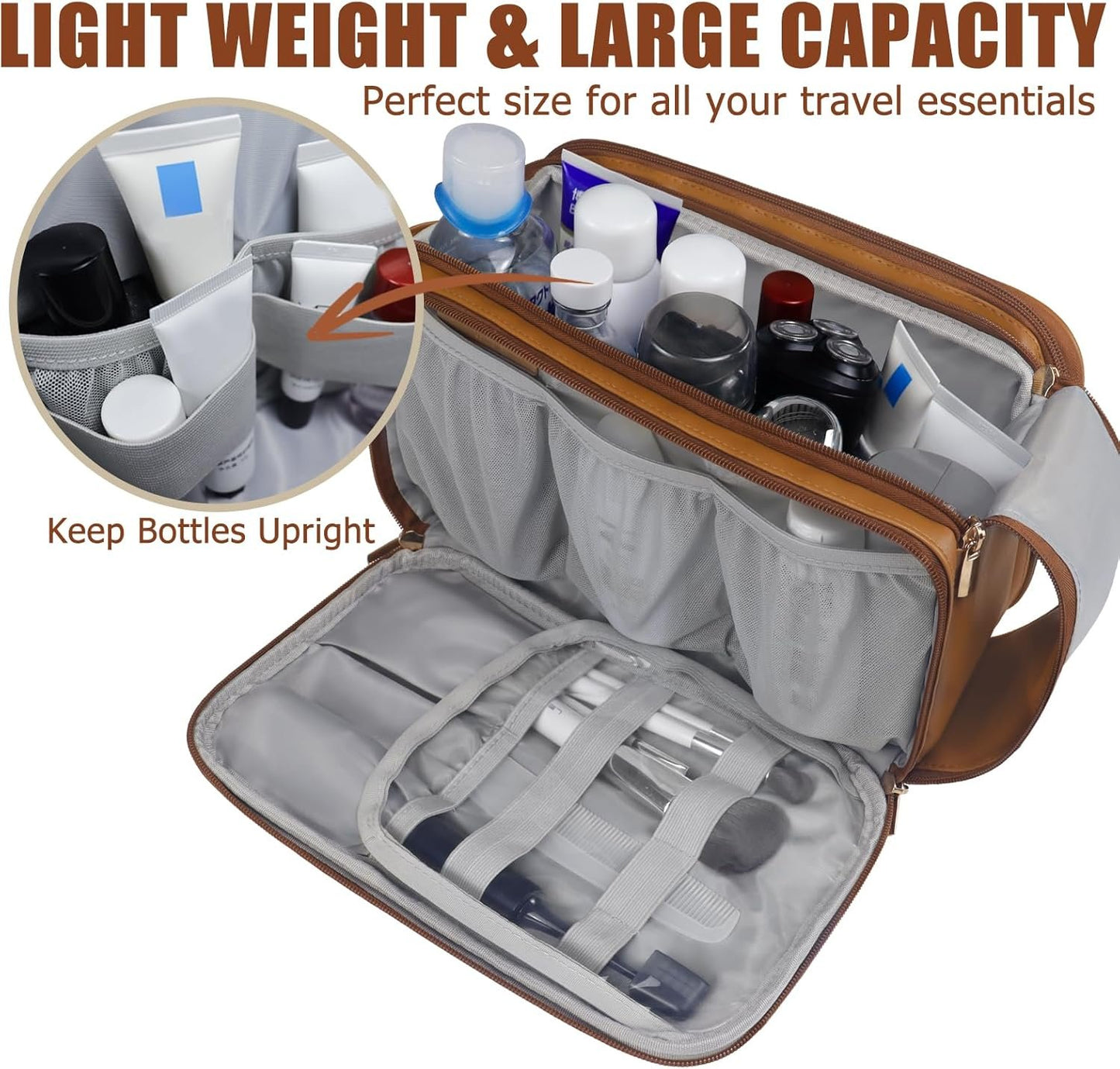 Gloppie Travel Size Toiletries Bag Large Capacity Toiletry Bag Toiletry Kit Hanging Travel Toiletry Organizer, Brown, Business, Travel, Leisure