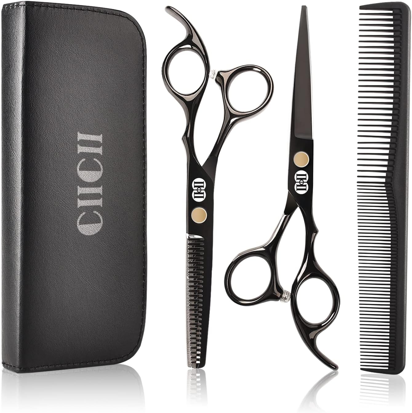 CIICII Professional Hairdressing Scissors, 8 Pieces Hair Scissors Kit (6.7 Inches/Black) & Thinning Scissors & Hair Comb for DIY Hair/Home/Barber