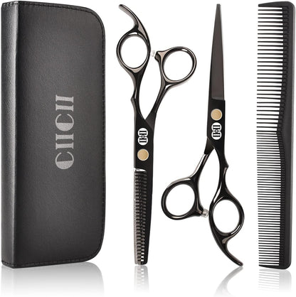 CIICII Professional Hairdressing Scissors, 8 Pieces Hair Scissors Kit (6.7 Inches/Black) & Thinning Scissors & Hair Comb for DIY Hair/Home/Barber