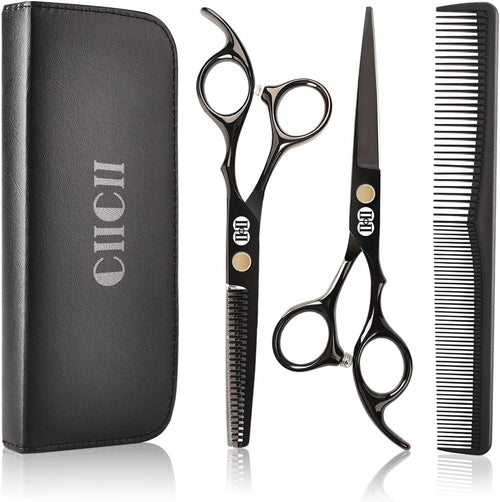 CIICII Professional Hairdressing Scissors, 8 Pieces Hair Scissors Kit (6.7 Inches/Black) & Thinning Scissors & Hair Comb for DIY Hair/Home/Barber