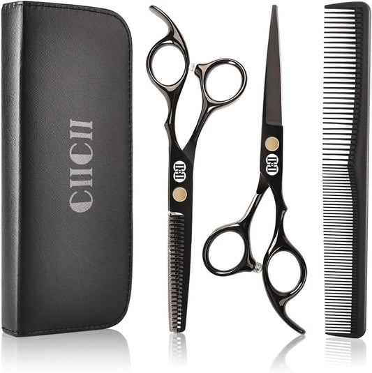 CIICII Professional Hairdressing Scissors, 8 Pieces Hair Scissors Kit (6.7 Inches/Black) & Thinning Scissors & Hair Comb for DIY Hair/Home/Barber
