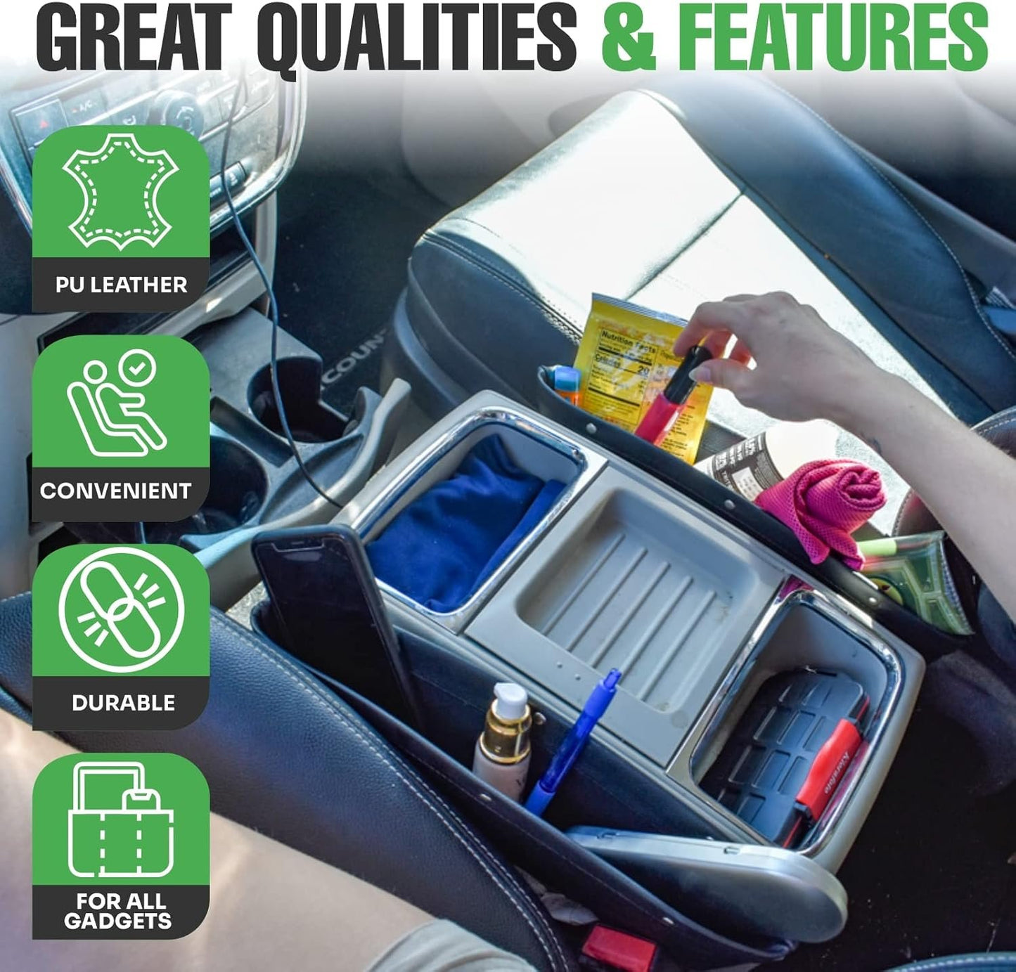lebogner 2 Pack Car Seat Gap Filler Premium PU Full Leather Seat Console Organizer, Car Pocket Organizer, Car Interior Accessories, Car Seat Side Drop Caddy Catcher